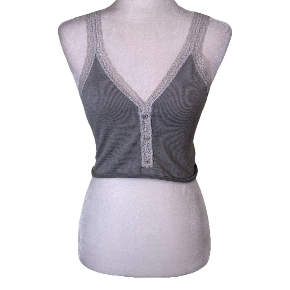 Women’s Soft Girl Gray Ribbed Henley Lace Trim Cami Tank Coquette Delicate Sm?